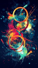 Wall Mural - Abstract digital art with colorful swirls and rings on a dark background.