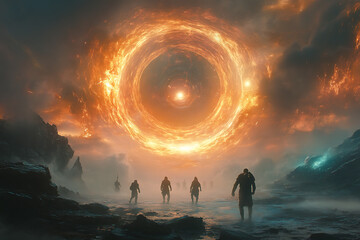 A surreal landscape featuring figures silhouetted against a massive glowing portal in the sky.