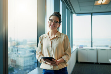 Poster - Portrait, glasses and woman with tablet, office and confident for research, online and pitch development. Business, digital and creative for copywriting, smile and editing for publication in media