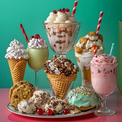 Wall Mural - An assortment of sweet treats, including ice cream cones, sundaes, milkshakes, cookies, and a donut, are arranged on a pink surface against a teal backdrop.