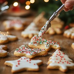 Canvas Print - Closeup of a hand decorating Christmas cookies with white icing and sprinkles on a wooden table.