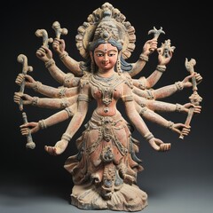 An intricately carved wooden statue of a Hindu goddess with multiple arms holding various objects, against a grey background.