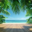 © Philipp - Empty wooden deck with tropical palm leaves framing a serene beach and ocean view under a clear blue sky.