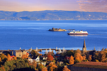 Aerial view of Trondheim fjord and island Munkholmen