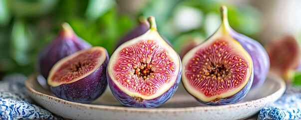 Fresh figs are beautifully displayed, showcasing their vibrant purple skin and intricate pink interiors, arranged on a rustic plate with a soft green background.