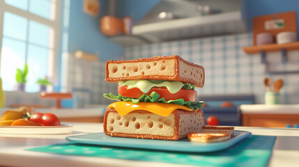 A whimsical, cartoonish sandwich with exaggerated ingredients and playful, animated textures, set in a bright, cheerful kitchen