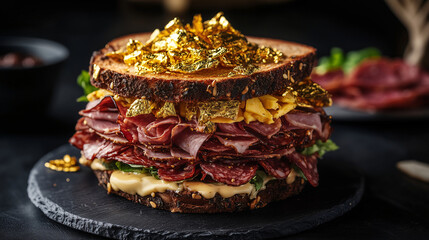 An extravagant sandwich with layers of exotic meats and cheeses, garnished with edible gold flakes