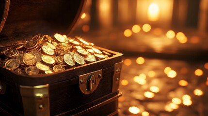 Close-up 3D illustration of a treasure chest filled with glittering coins, front view, dramatic lighting accentuating the shine of the coins and the chests details, blurred background suggesting a