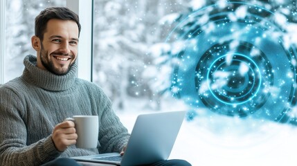 A cheerful young man enjoys coffee while working on his laptop at home, with a Christmas tree view outside the window