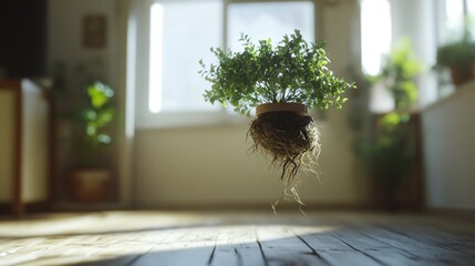 Poster - A Potted Plant Floating with Exposed Roots in a Room