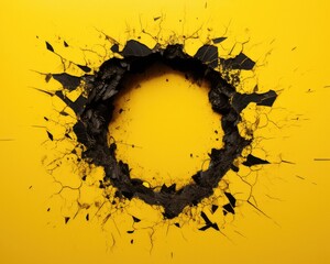 Big black hole in yellow wall background breakthrough concept