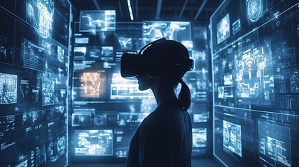 Software developer is wearing a vr headset and analyzing data displayed on transparent screens in a futuristic data center