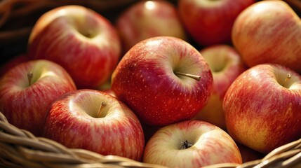 A close-up of ripe, juicy apples (Malus domestica) in a basket, ready for market sale