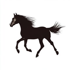 Poster - Black horse silhouette running with flowing mane and tail on a white background.