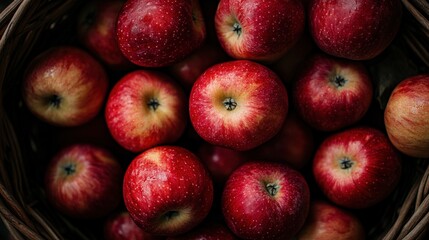 A close-up of ripe, juicy apples (Malus domestica) in a basket, ready for market sale