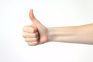 A close-up of a hand giving a thumbs-up gesture, symbolizing approval and positivity against a white background.