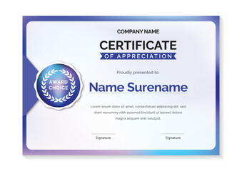 Wall Mural - modern blue gradient certificate template with award badge