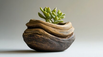 Wall Mural - Succulent Plant Growing in a Carved Wooden Pot