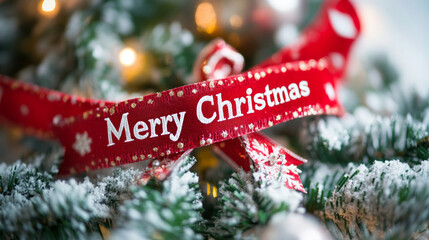 A festive Christmas ribbon with the words Merry Christmas adorning a snow-covered evergreen tree in a cozy holiday setting