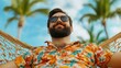 © Intelligent Horizons - A man in a tropical print short sleeve shirt relaxing peacefully in a hammock holding a cold refreshing drink and enjoying the tranquil vacation vibes of a tropical summer setting