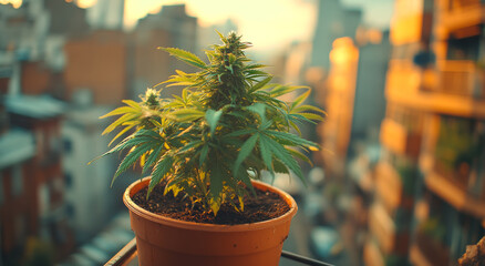 Wall Mural - A small pot with a marijuana plant in it. Marijuana growing on the balcony