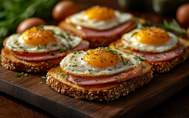 Wall Mural - A plate of four egg sandwiches with ham and cheese