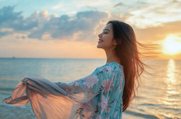 Canvas Print - A beautiful woman with long hair in a pastel blue and white floral-patterned dress, arms outstretched, stands on the salt flat at sunset