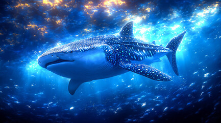 Wall Mural - A blue and white shark is swimming in the ocean. The water is clear and the sky is blue