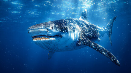 Wall Mural - A large blue and white shark is swimming in the ocean. The shark has a mouth full of teeth and is surrounded by water