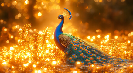 Wall Mural - A peacock is standing in a field of golden leaves. The bird is surrounded by a lot of light, which creates a warm and inviting atmosphere. The scene is peaceful and serene