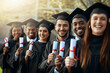 © BestCam/peopleimages.com - Portrait, woman and students with diploma for graduation celebration, education achievement and success. Excited, people and certificate, graduate together and learning goals for university ceremony
