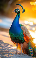 Wall Mural - A beautiful blue and orange peacock stands on a sandy beach. The bird's feathers are vibrant and eye-catching, and it seems to be enjoying the warm sun and the peaceful surroundings