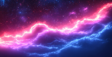 A colorful galaxy with pink and blue clouds and stars. The colors are vibrant and the sky is filled with a sense of wonder and awe