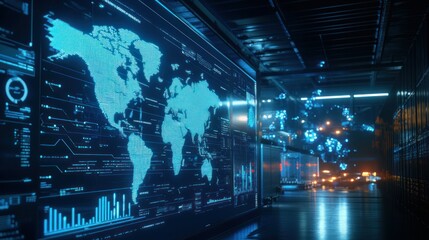 A Futuristic Server Room with a Digital World Map Display