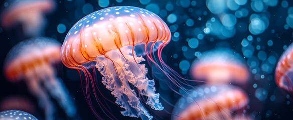 A group of jellyfish are floating in the water. The jellyfish are orange and white