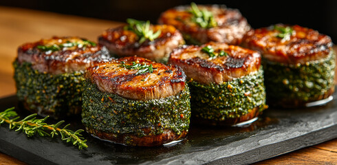 Wall Mural - A plate of meat with herbs on top. The meat is cooked and looks delicious. The herbs are fresh and add a nice touch to the dish