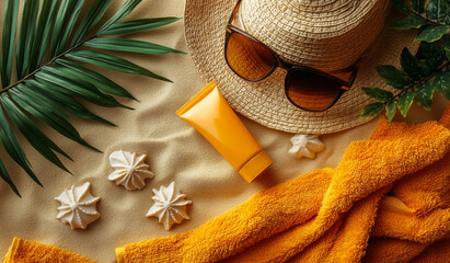 Wall Mural - A beach scene with a hat, sunglasses, and a bottle of sunscreen. The scene is bright and sunny, and the items on the beach suggest a day of relaxation and fun in the sun