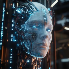 Sticker - Close-up of a female robot's face with glowing blue eyes and intricate wiring.