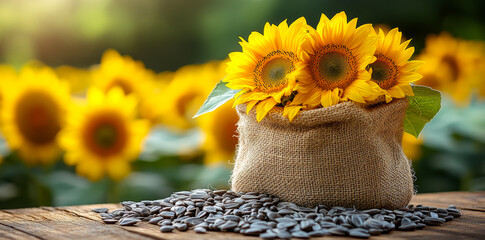 Wall Mural - A basket of sunflowers sits on a wooden table. The sunflowers are surrounded by a pile of seeds, creating a rustic and natural atmosphere. Concept of warmth and happiness