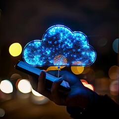 Sticker - Hand Holding Smartphone With Illuminated Cloud Icon, Symbolizing Cloud Computing And Data Storage.