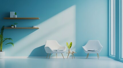 Poster - A stylish living room featuring comfortable armchairs and shelves against a blue wall with a white background. The room’s design emphasizes a modern and inviting atmosphere