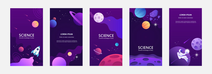 Wall Mural - set of space banners. templates for stories. vector illustration. planets, stars, rocket. blue space