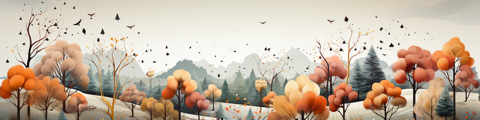 Wall Mural - watercolor drawing long narrow panorama painting multi colored autumn forest on a white background banner