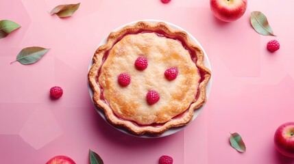 A homemade apple pie with a flaky crust and a delicious filling, topped with fresh raspberries, is surrounded by red apples and green leaves on a pink background.