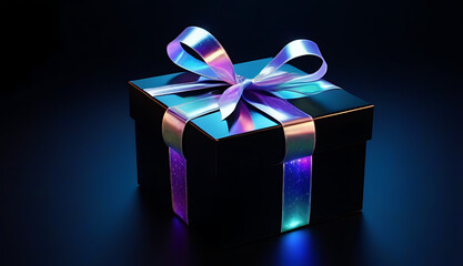 isolated black background shiny holographic gift box wrapped fantasy ribbon anniversaries celebrations