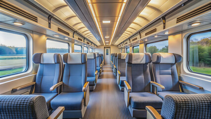 Interior of a modern passenger train carriage with comfortable seating and large windows, train, transport, travel, journey