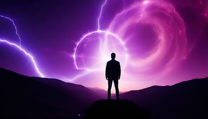 man dreaming silhouette man mindfulness concept brain purple pink stormy vortex time travel creative mind