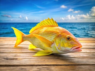 Freshly caught yellow snapper fish with bright yellow scales and vibrant fins, lying on a rustic wooden table with subtle ocean background ambiance.