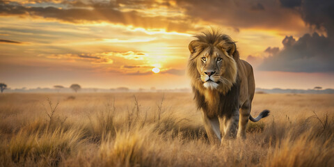 majestic lion stalking in a monotone savanna with product placement in the sunset lighting , lion, m