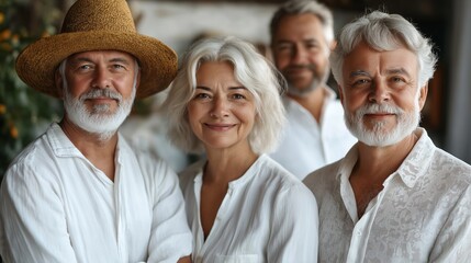 A group of older people are smiling for the camera. One of them is wearing a straw hat